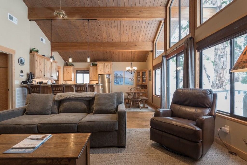Comfortable living room looking toward the remodeled kitchen and dining area.