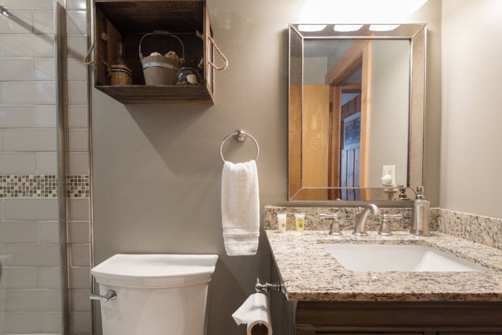 Back bathroom vanity and toilet.